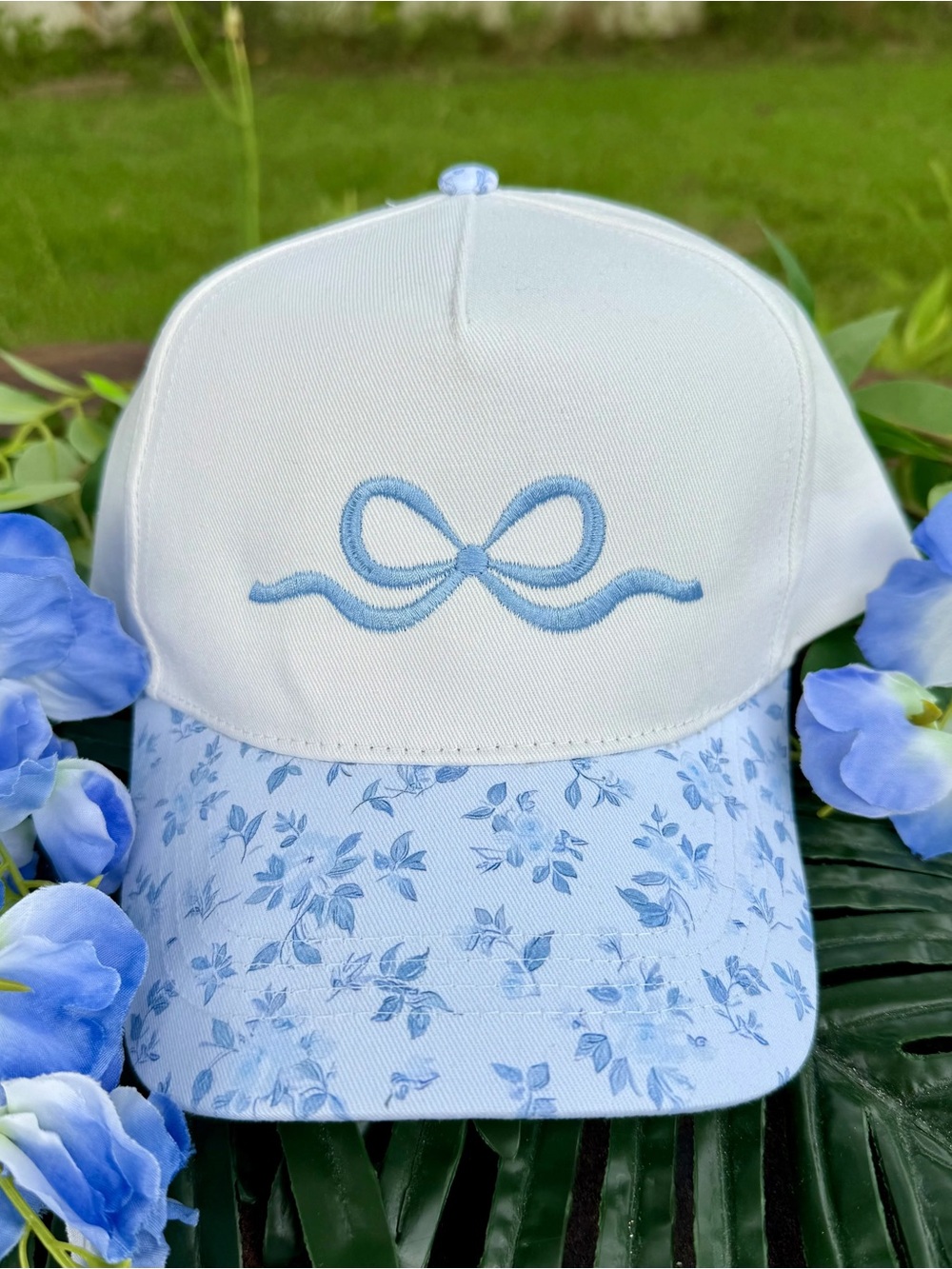Blue Embroidered Bow Floral Hat NWOT